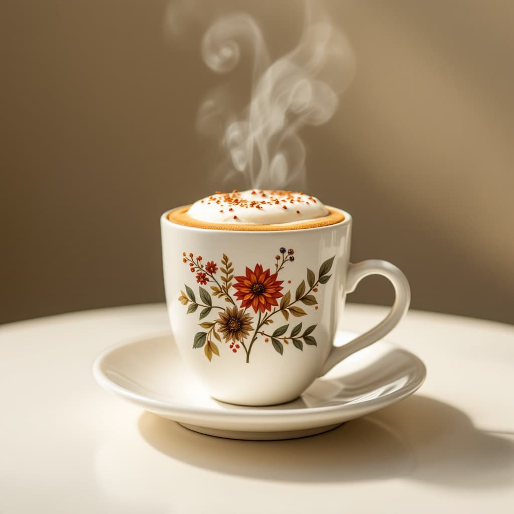AI generated: a cappicino coffee decorated rameck on a white spherical mug placed on cream table