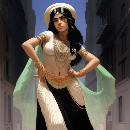 AI generated: Rene Magritte style, depict a scene of (Black-Haired pakistani originated Girl) as (Balkan romani da...