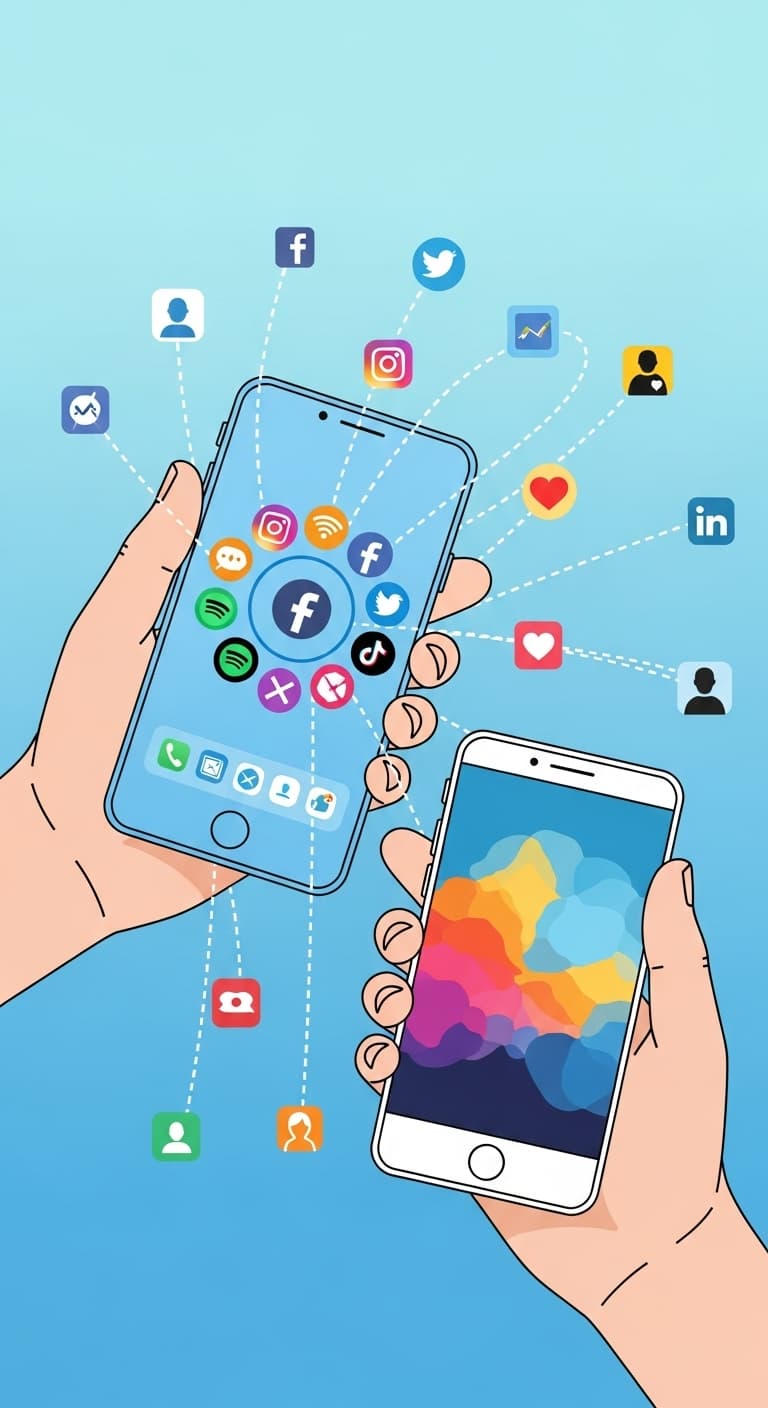AI generated: Two hands holding smartphones, connected through networks of lines, representing social media intera...
