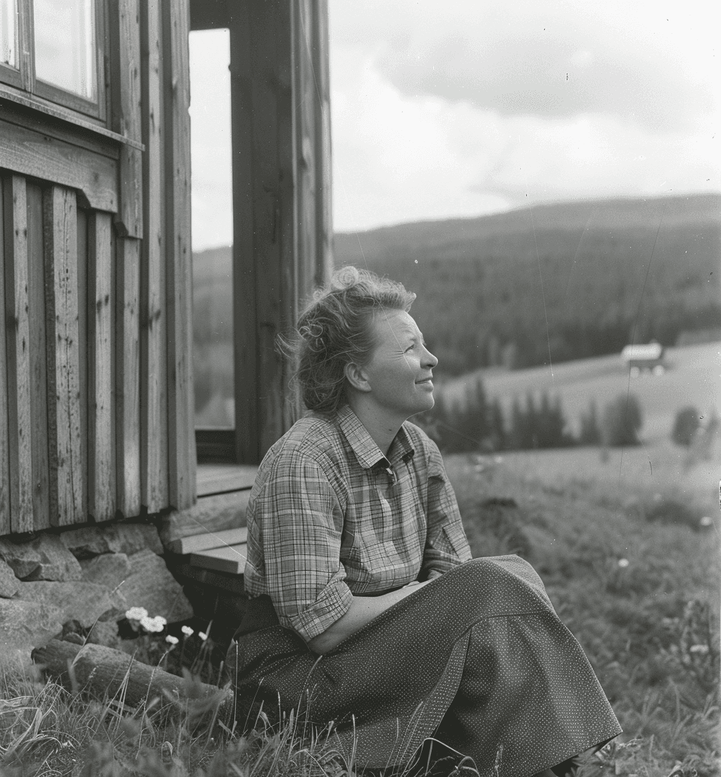 AI generated: A black and white photograph shows a Norwegian woman sitting on the steps to her old wooden house in...
