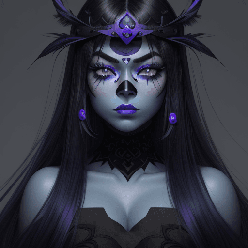 AI generated: A woman with blue skin, black facemask, long black hair, purple iris, black eyebrows, bangs, long ey...