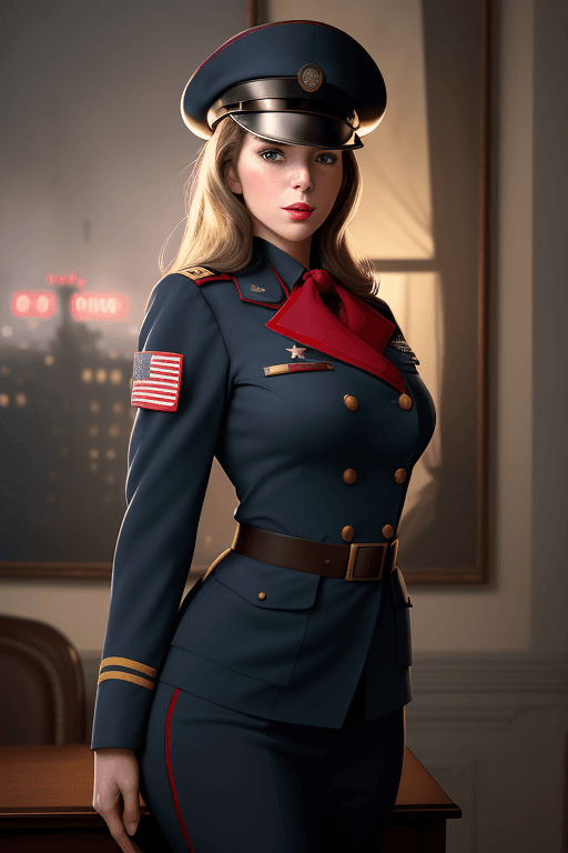 AI generated: gorgeous female dressed as american officer, officer hat, cold war, american president office in bac...