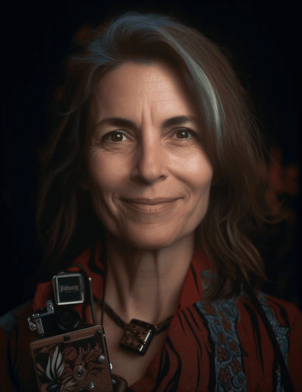 AI generated: Kodak disposable camera photo close-up portrait 51 year old cool decorated woman, shoulder length ha...