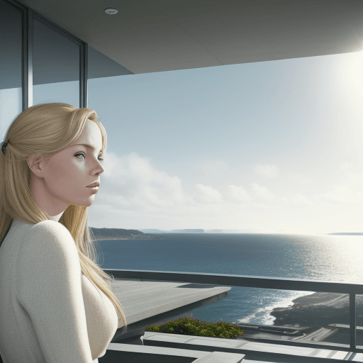 AI generated: Hyper realistic eye level exterior photo of a blonde girl overlooking the ocean, daylight, indirect ...