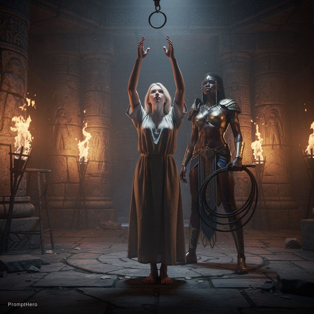 AI generated: Realistic fantasy style, dimly lit ancient stone chamber in a decadent lost city, torchlight flicker...