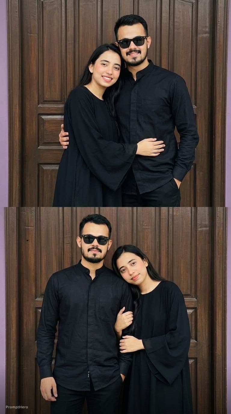 AI generated: Create a photo of this man and woman without changing their original faces and strictly according to...