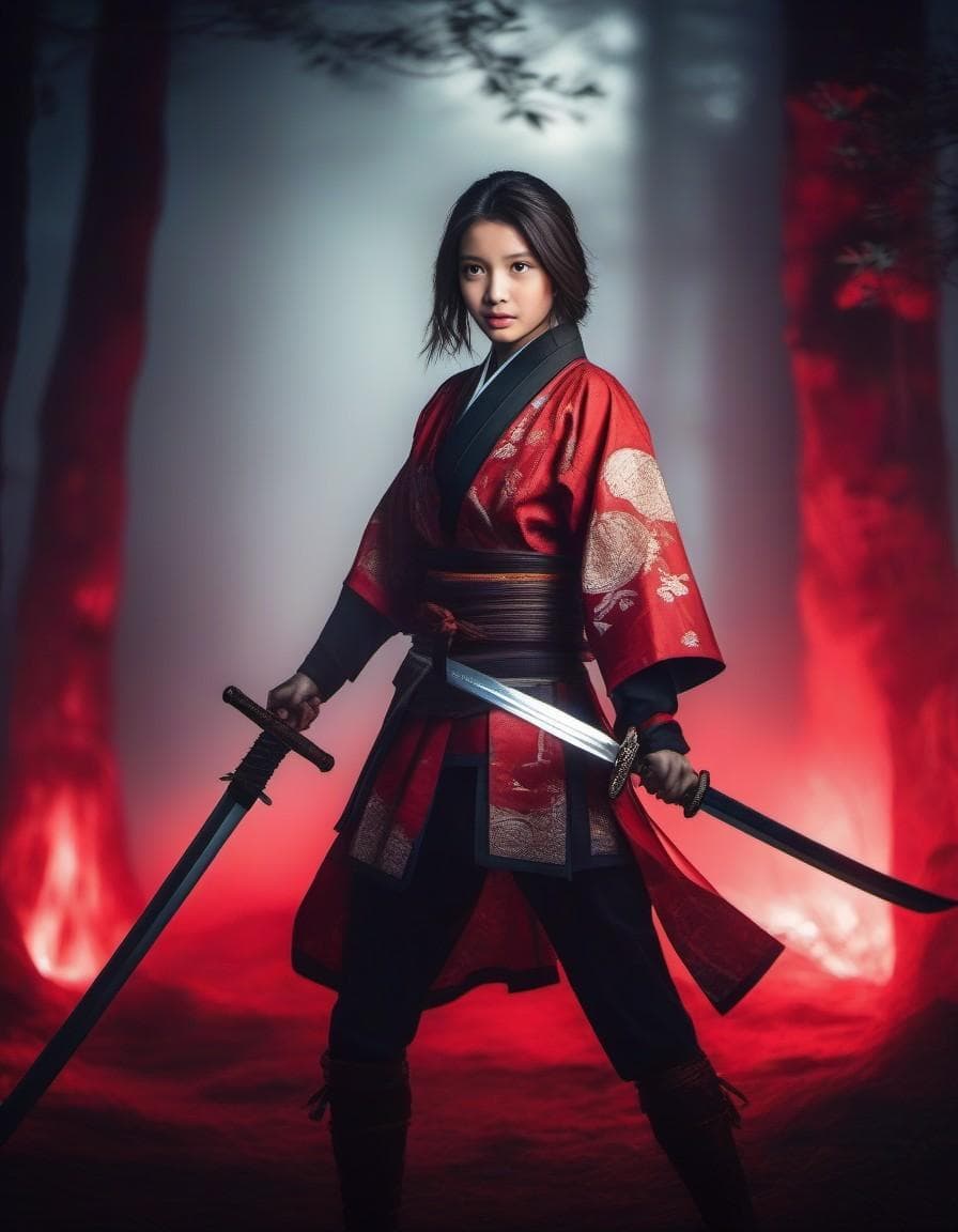AI generated: the samurai at night with her sword, in the style of (screen printing:1.4), (epic fantasy scenes:1.4...