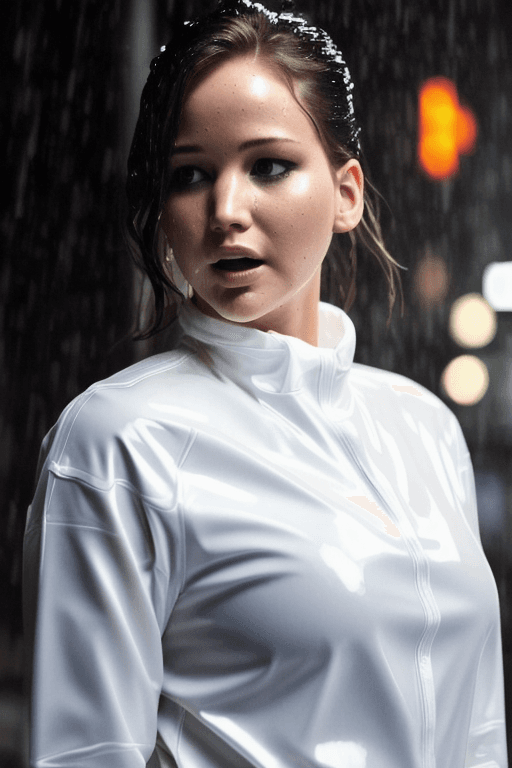 AI generated: detailed and realistic photograph of Jennifer Lawrence, (( wet white pvc shirt 1, 4)), ((mouth close...