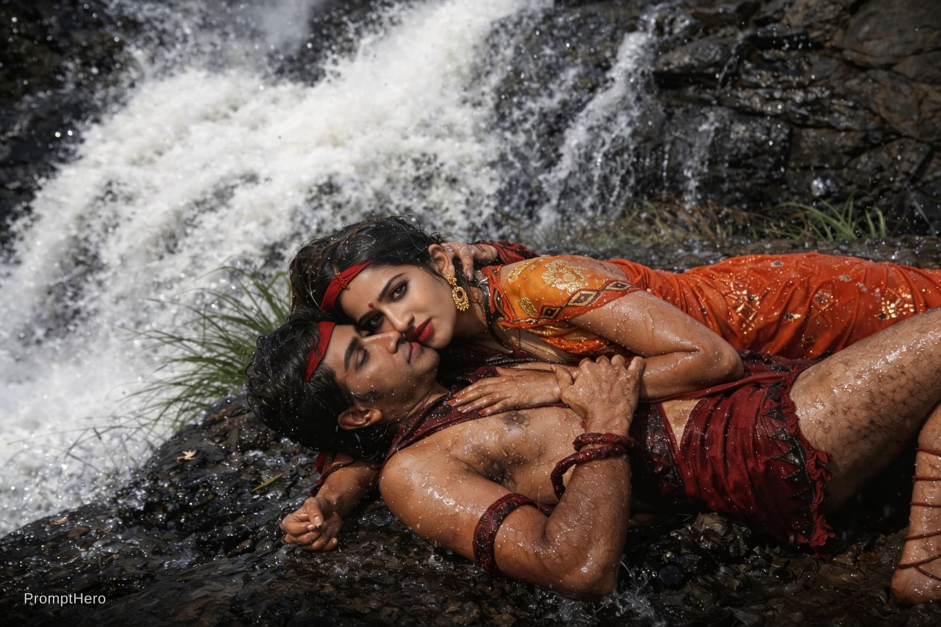 AI generated: Ultra-realistic 8K cinematic photograph of a South Asian couple lying on wet dark rocks beside a pow...