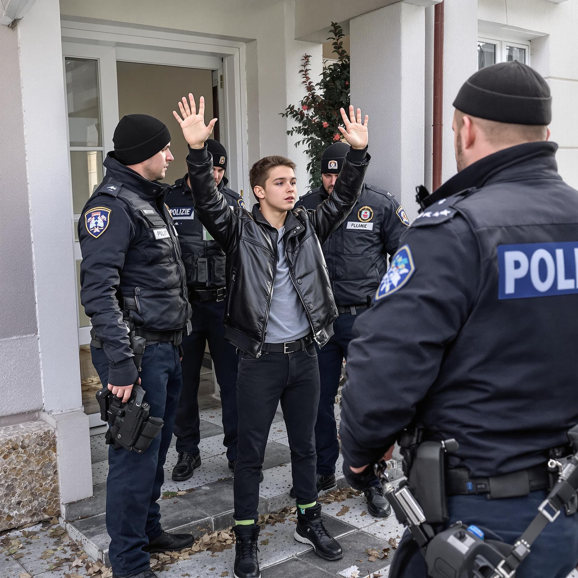 AI generated: Teenage boy, 17 years old, wearing a black leather jacket, and black Jeans. He is also wearing black...