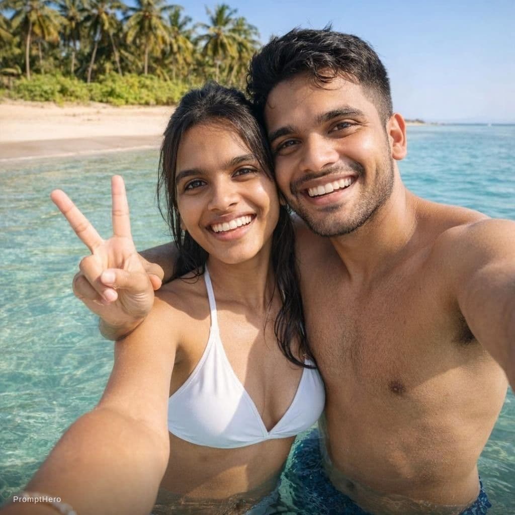 AI generated: happy couple taking a selfie on a sunny tropical beach. I need selfie camera pov. They are both smil...