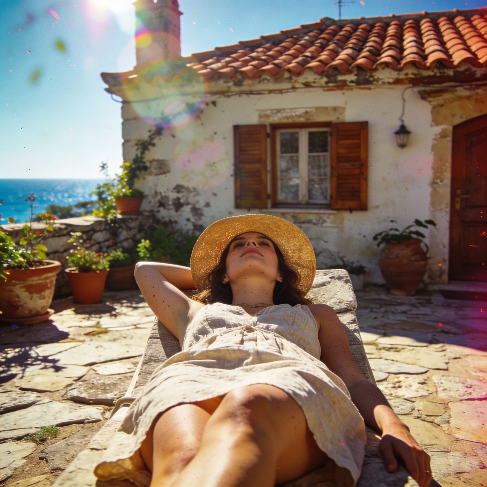 AI generated: 
Style: fashion-magazine, relaxed candid lifestyle private vacation, old house, sunbath, Mediterrane...