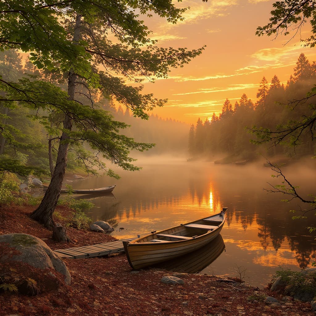 AI generated: beautiful sunset on Forest, Trees with green leaves, light fog., boatsteg on the lake shore, , perfe...