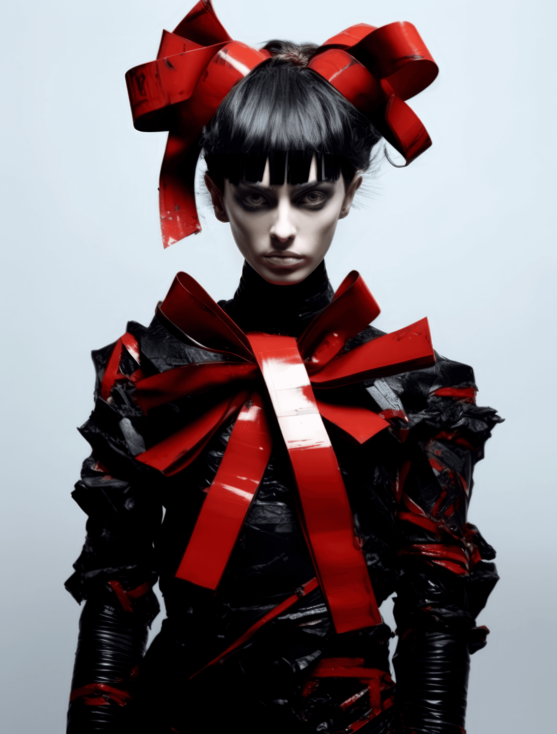 AI generated: black jacket with a red bow tie from the shoulders down, in the style of nightmarish imagery, androg...