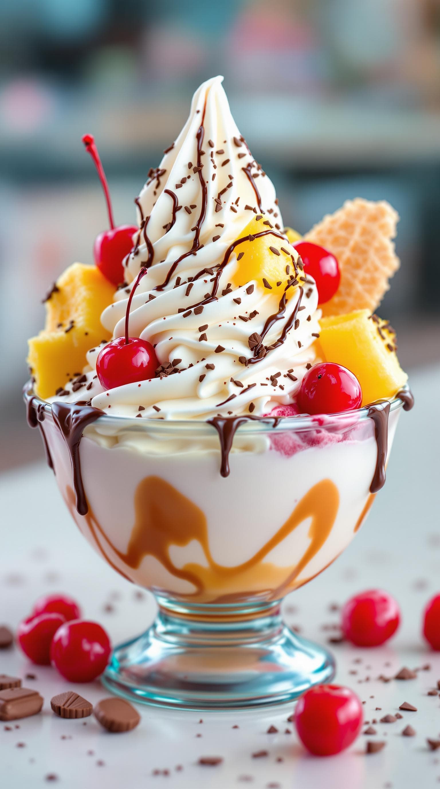 AI generated: bowl of delicious icecream, topped with cream, pineapple, cherries, sprinkeld with chocolate, hi glo...