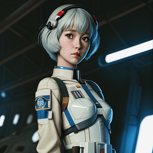 AI generated: Rei Ayanami in Star Wars pilot uniform, preparing for takeoff in a hangar, cinematic lighting, anime...