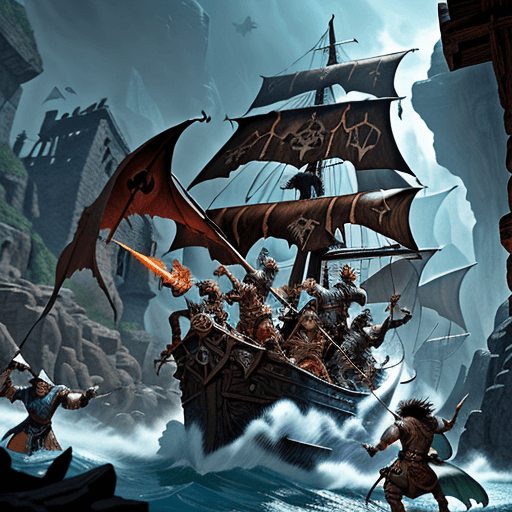 AI generated: dungeons and dragons, a party of adventurers fighting pirates, action shot, big battle, fantasy, con...