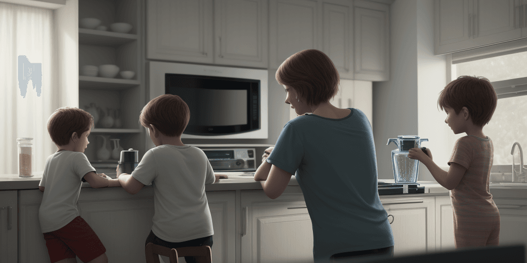 AI generated: A mother using a blender in the kitchen while her son watches television(TV) , cinematic, hyper real...