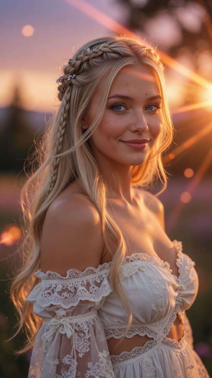 AI generated: A stunningly beautiful young woman with long, flowing platinum blonde hair featuring intricate braid...