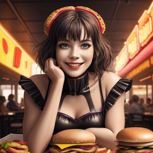AI generated: Cuisine, A smiling woman wears a dress made of burger as she lays on a table, rich deep colors, intr...