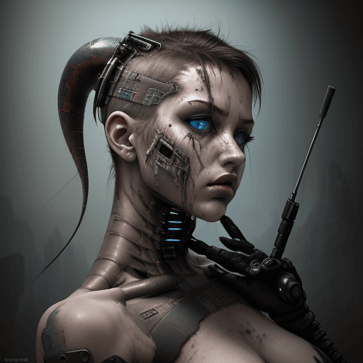 AI generated: Hyperrealism,  Humanoid abstraction in post-apocalyptic viperpunk cyborg aesthetic, color split grid...