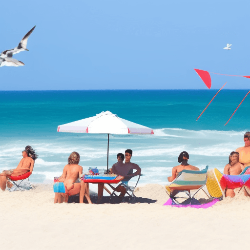 AI generated: A group of friends enjoying a day at the beach.The sun is shining and the sky is clear.Waves are gen...