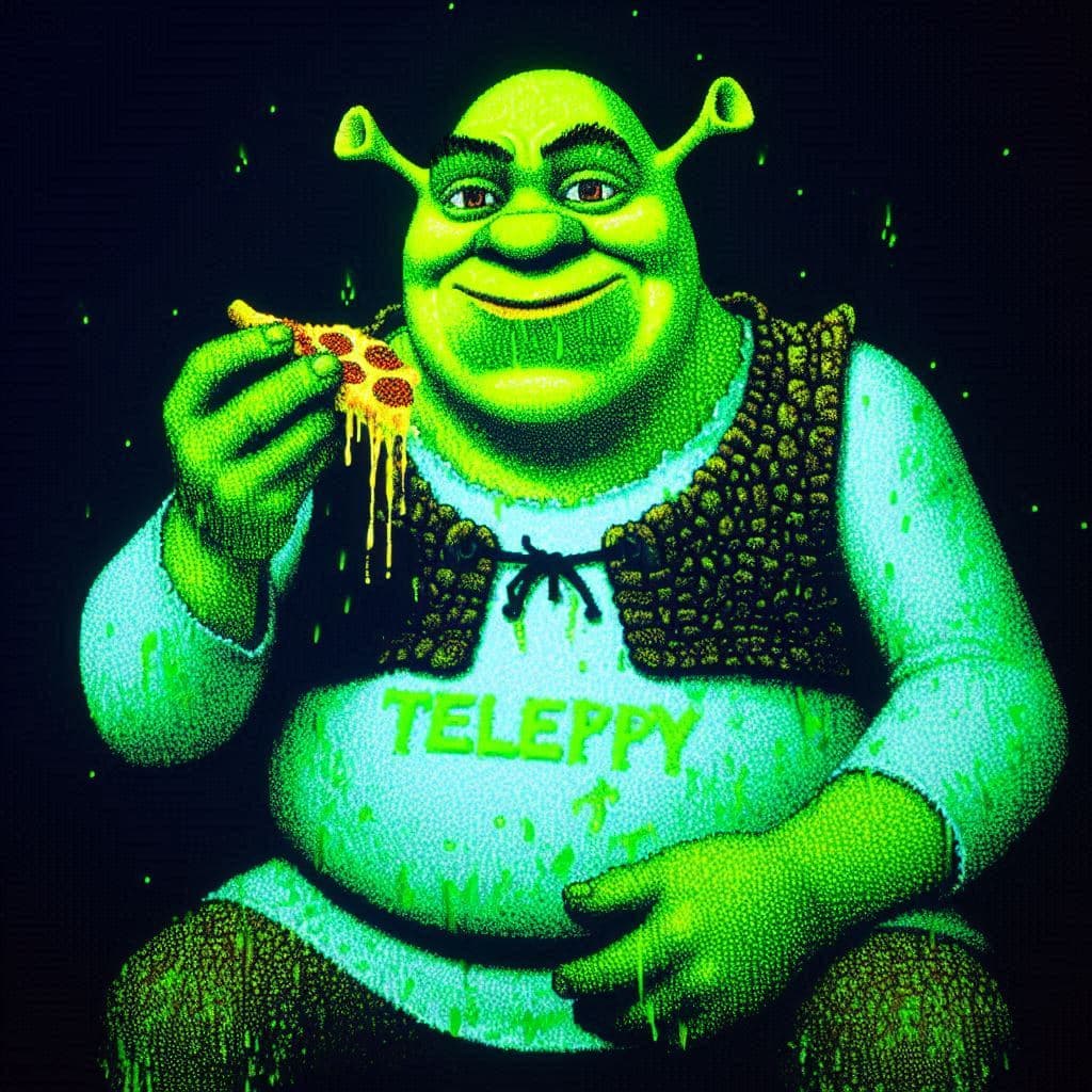 AI generated: Shrek está representado como caracteres ascii proyectado verde luminoso , está sentado comiendo pizz...