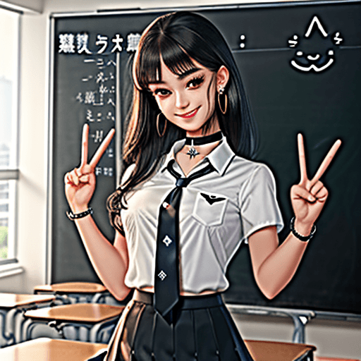 AI generated: best quality, 1 girl, standing, grin, peace sign, earrings, (barbell piercing), looking at viewer, c...