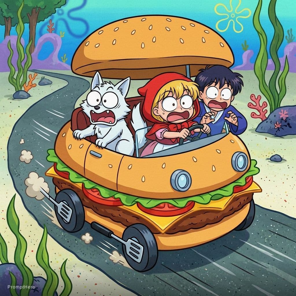 AI generated: Chacha driver spongebob patty wagon