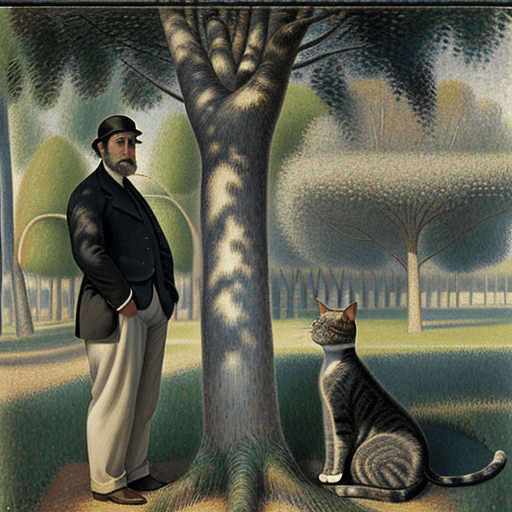 AI generated: Full height Side view Portrait of Pissarro and Seurat standing near a tree and looking at the cat si...