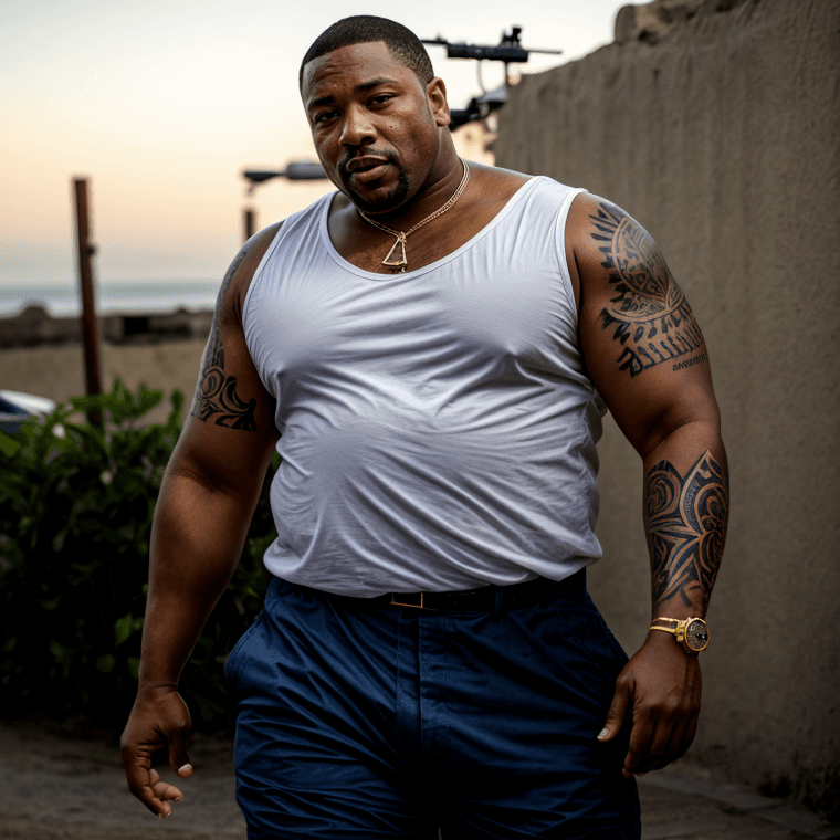 AI generated: Carl Johnson from the gta san andreas, playera blanca de tirantes,  gordo, 8K, UHD, ((light bokeh)),...
