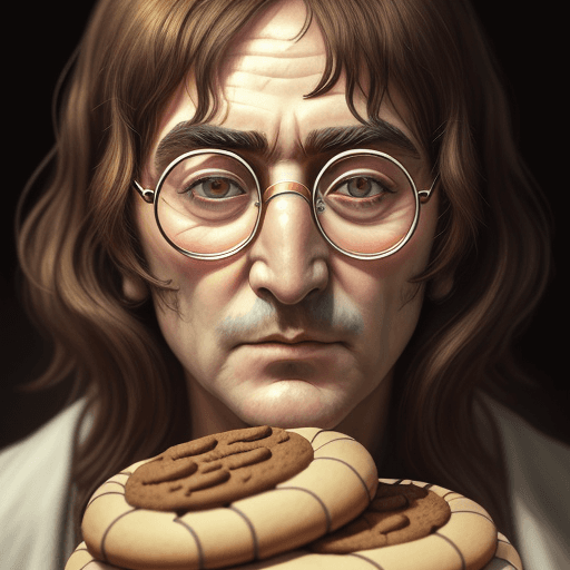 AI generated: pensive face made entirely of cookies, John Lennon's thinger face, the face slowly fades, detailed l...