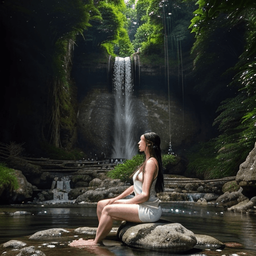 AI generated: In the tranquil setting of a waterfall, a woman is captured in a moment of serene beauty. She is sea...