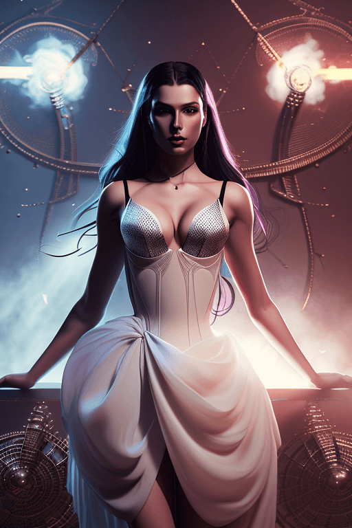AI generated: Stunning low angle action pose::8, NATILR as a stunning real alchemist girl in a revealing outfit in...