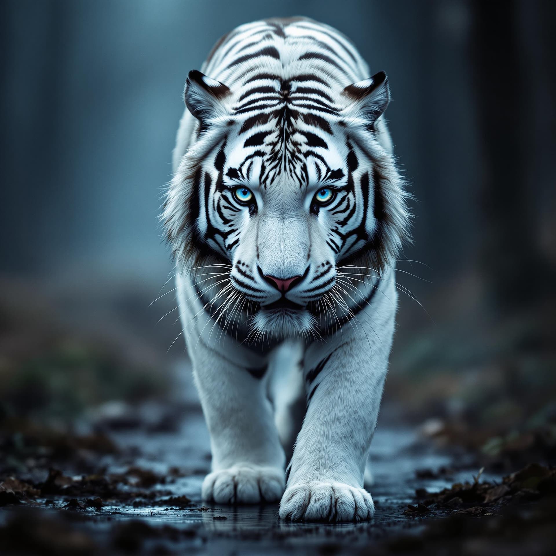 AI generated: The image captures an intense close-up of a white tiger walking toward the viewer, with a direct gaz...