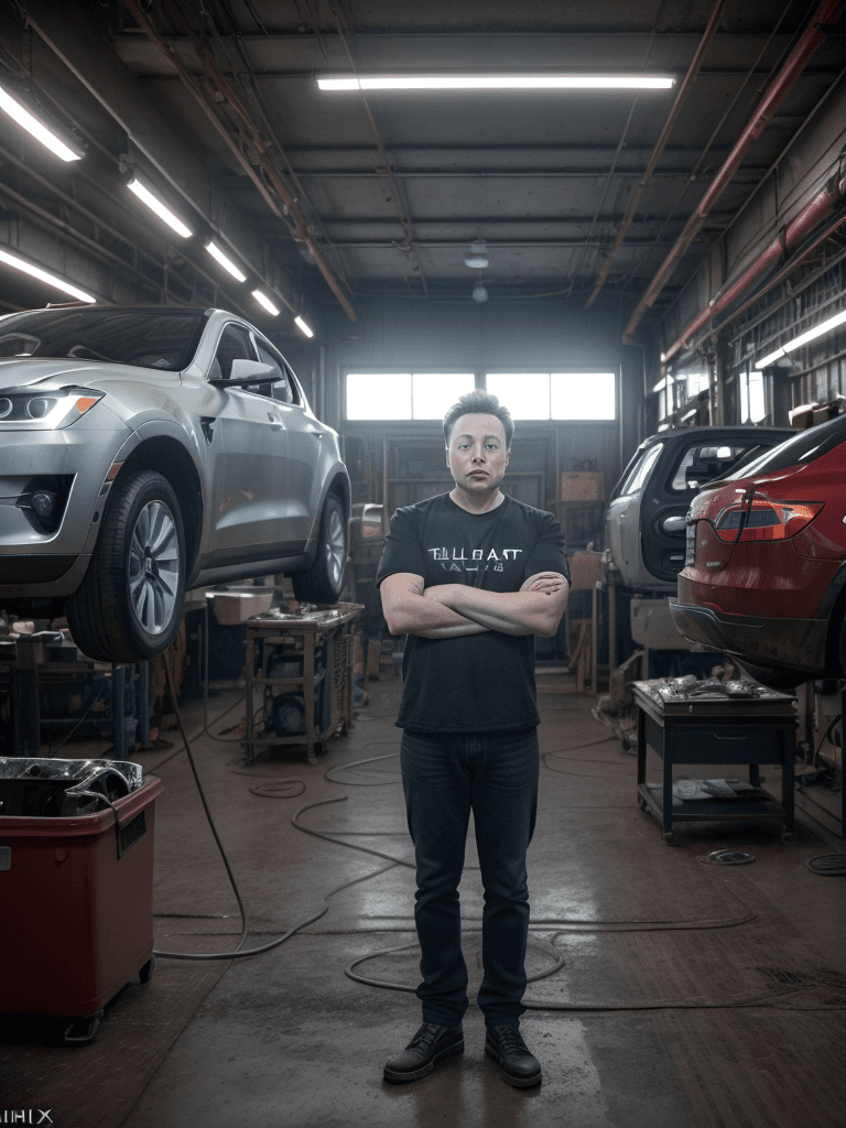 AI generated: portrait of Elon Musk working in a car repair shop, ultra realistic, 8k full HD, low angle, unreal e...