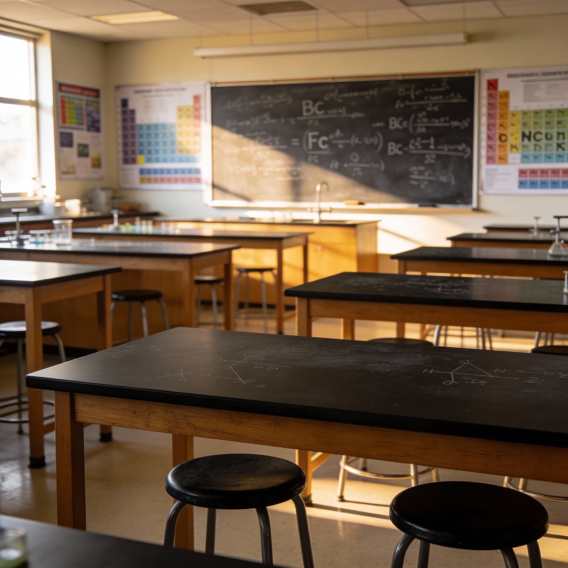 AI generated: : A professional photograph of a high school chemistry classroom. Long black lab tables with stools,...