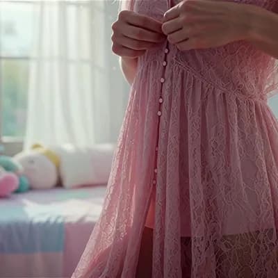 AI generated video: A woman with pink hair takes off a pink lace dress, in the style of hyperrealism and photorealism, U...