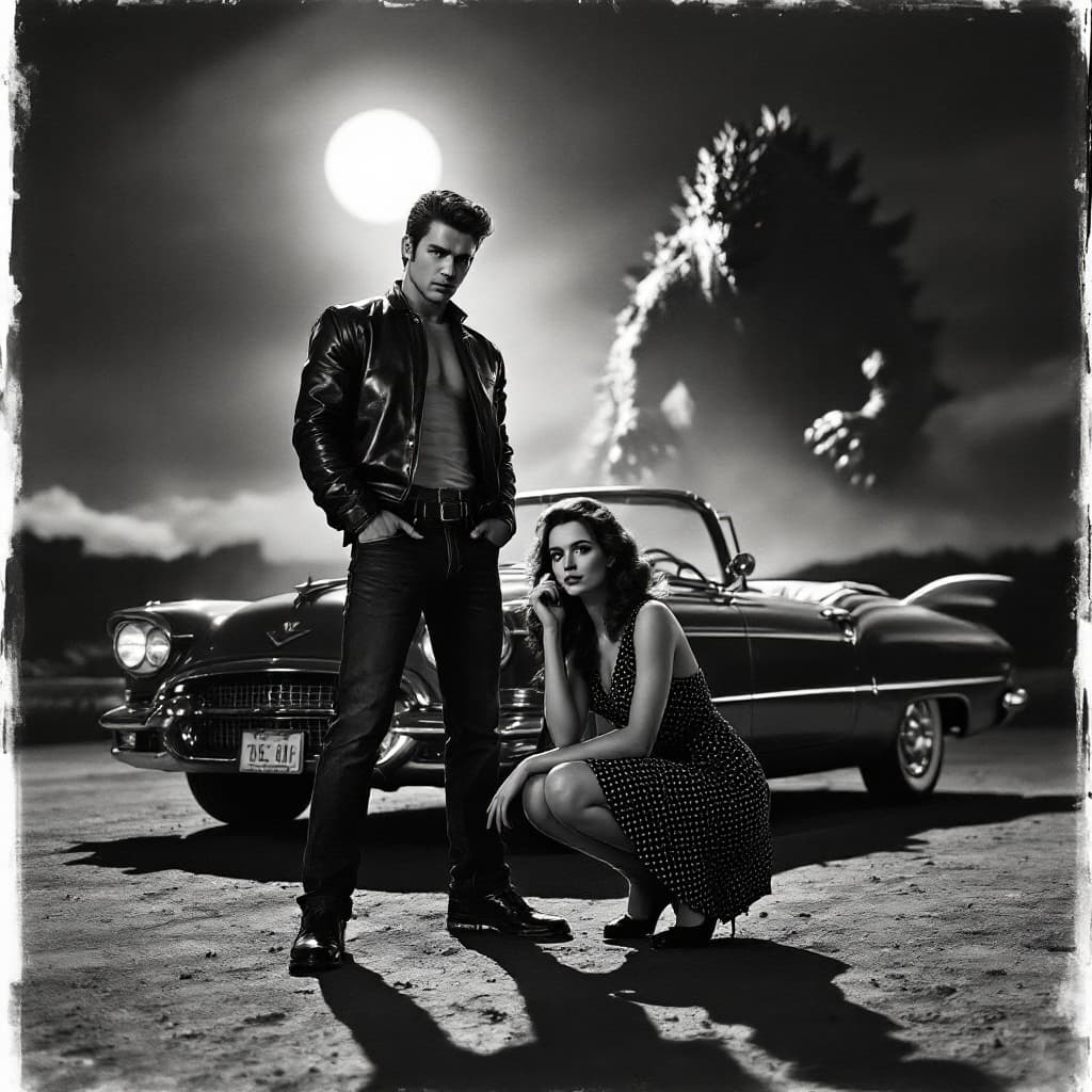 AI generated: "Depict a dramatic black-and-white 1950s action movie scene, photographed in the style of vintage fi...