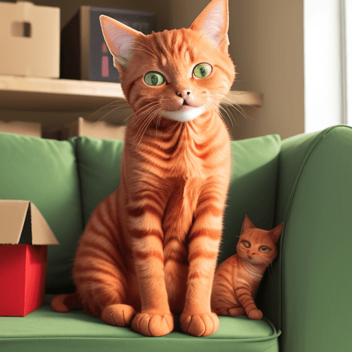 AI generated: A red cat with big eyes is sitting on a sofa and smiling. The sofa is green. There are boxes next to...