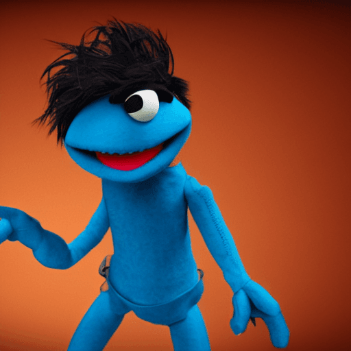 AI generated: muppet that looks like nightwing, felt fabric skin, big round ping pong muppet eyeballs, space backg...