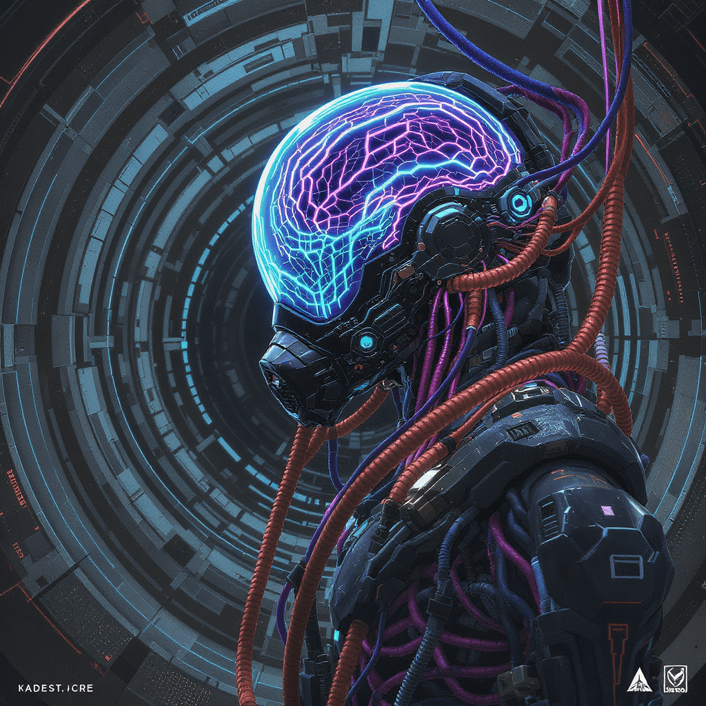 AI generated: concept art, neurosync diver character for deep cognition vault world, full-body, wearing translucen...