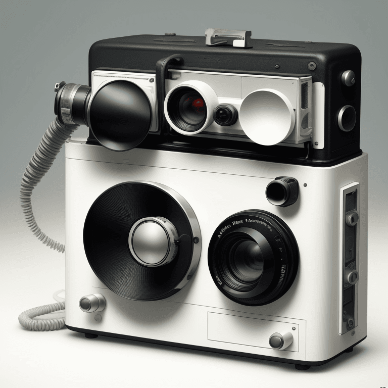 AI generated: A surreal camera Machine designed by Dieter Rams. Product ad retro. Colorful stunning design.