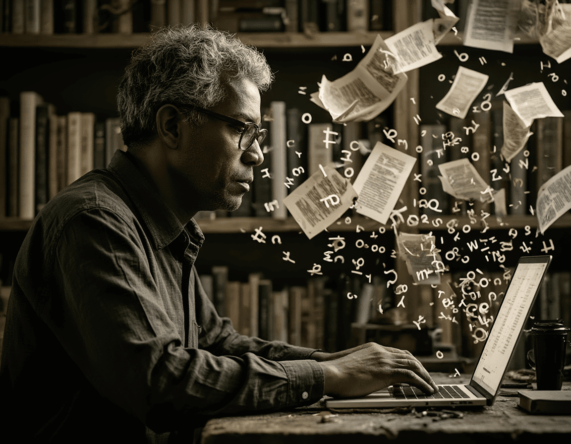 AI generated: foreground: profile view of a writer at work in his study.
A middle-age African-American man with s...