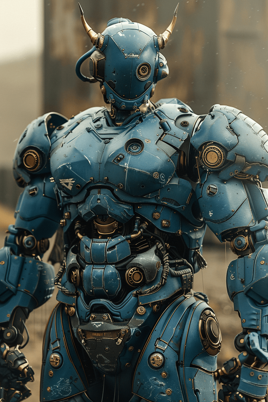 AI generated: a cyborg in a blue suit and helmet, face covered, powerful heavy arms very large, heavy armor, horns...