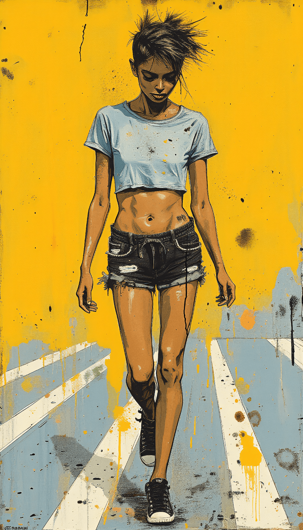 AI generated: Arapaho-Estonian female soulful singer Athletic woman with short spiky pewter hair, cropped muscle t...