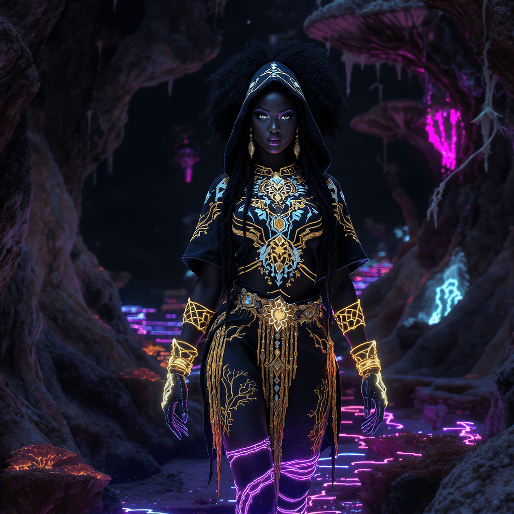 AI generated: 
vibranium-etched armbands, fungal pathways”: “Elite Afrofuturist warrior queen in a vibranium Dash...