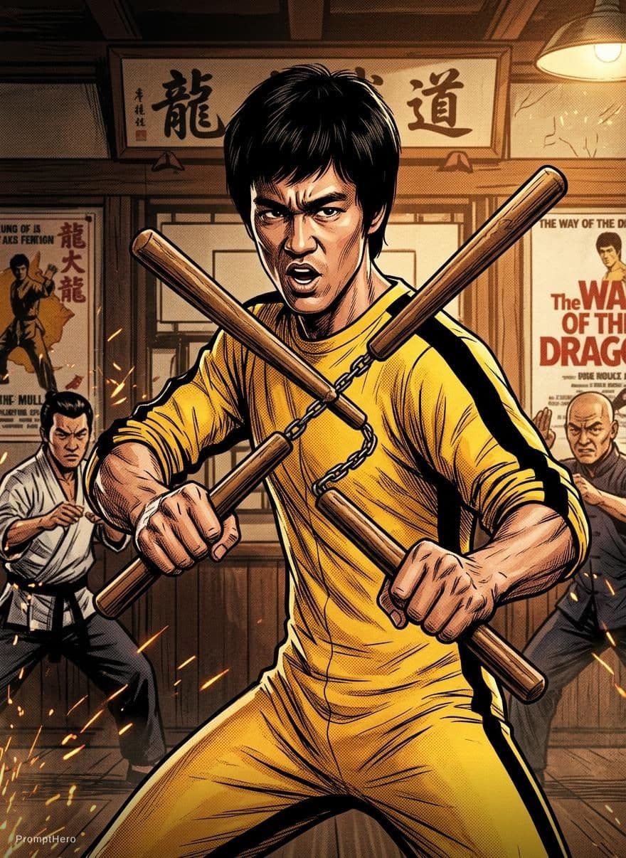 AI generated: A detailed illustration of Bruce Lee in his iconic role from the 1972 film "The Way of the Dragon," ...