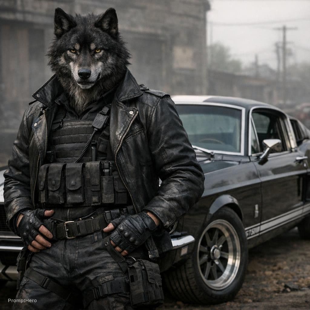 AI generated: Realistic, male humanoid wolf, black open jacket with black military gear underneath it, no helmet, ...