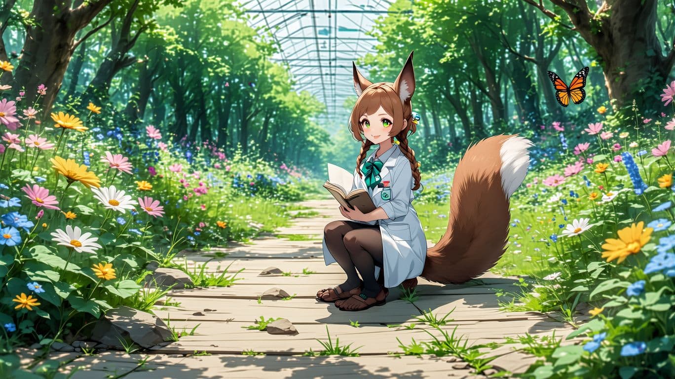 AI generated: 1 squirrel girl, emerald eyes, squirrel tail, squirrel ears, braided hair, (smile:0.9), (parted lips...